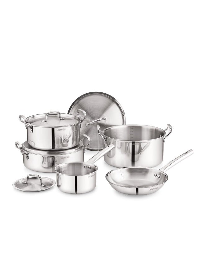 Bergner Triply Stainless Steel 9pcs Cookware Set - 16cm Saucepan, 24cm & 28cm Casseroles, 28cm Biryani Pot, 24cm Frypan & 4 Lids, Less Oil Use Healthy Cooking Set, Induction & Gas Compatible - Image 1